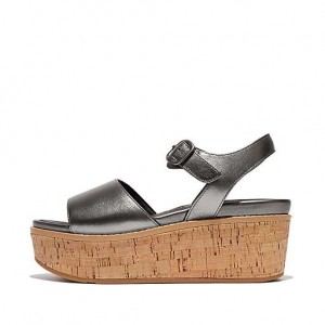 Women's FitFlop ELOISE Cork-Wrap Metallic-Leather Back-Strap Wedge Sandals Black | 37CENRPXF