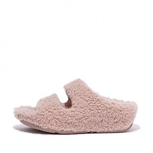 Women's FitFlop SHUV Two-Bar Shearling Slippers Black | 01BSVHCXK